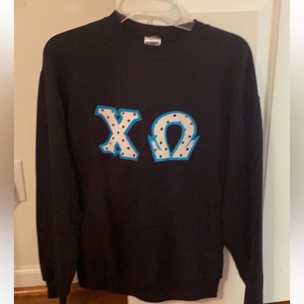 Chi Omega black and blue stitched letter crewneck
